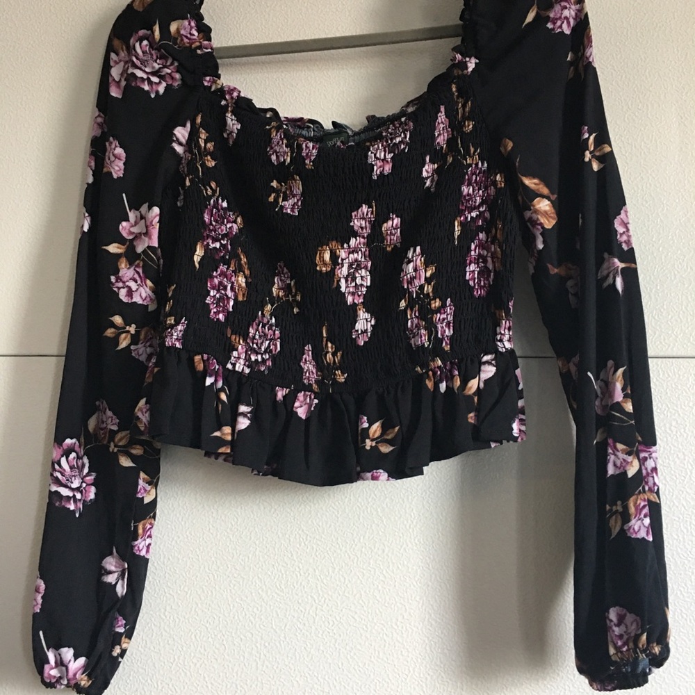 Black Top with Purple Flowers, Floral Top